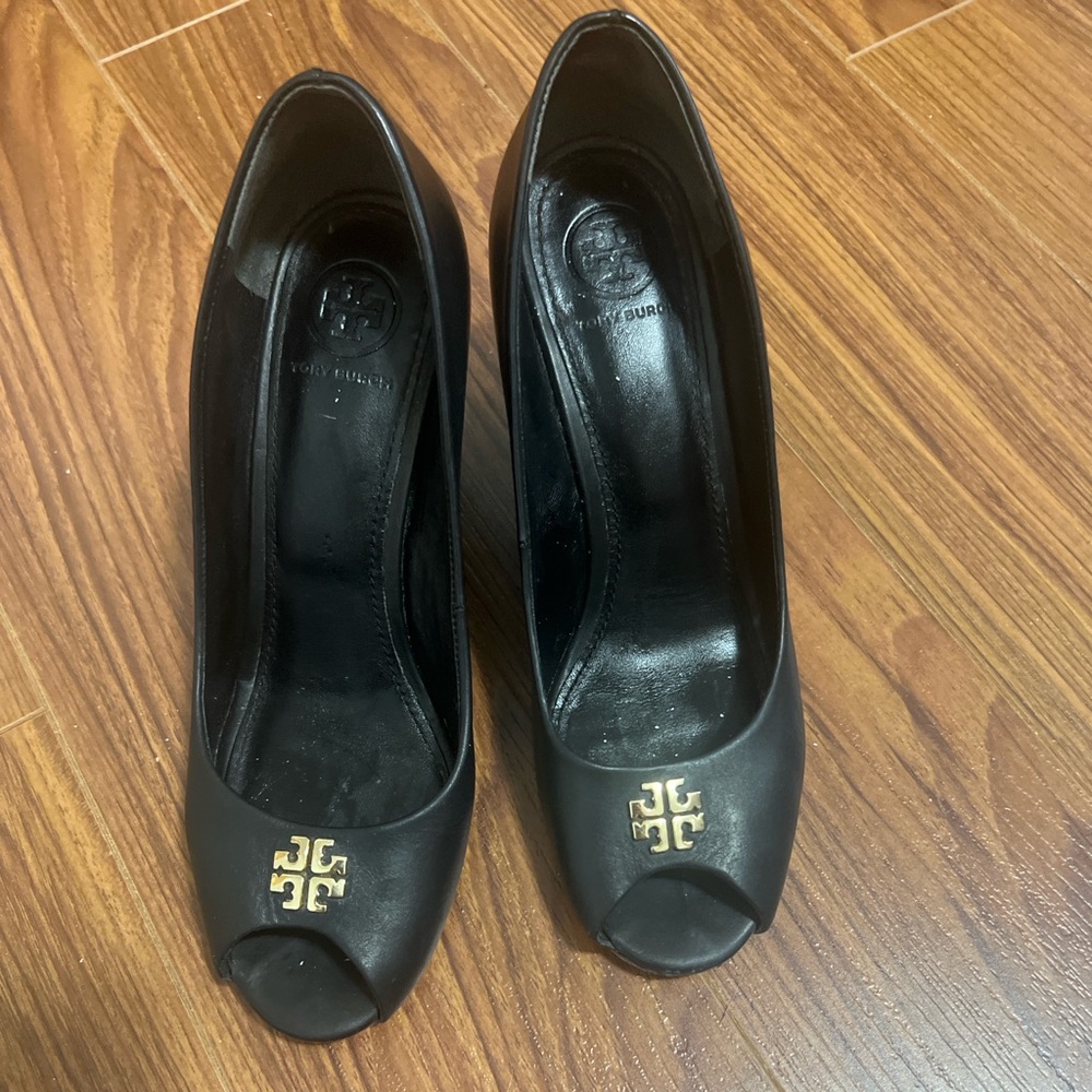 Tory Burch Black Peep Toe Wedge Heels
